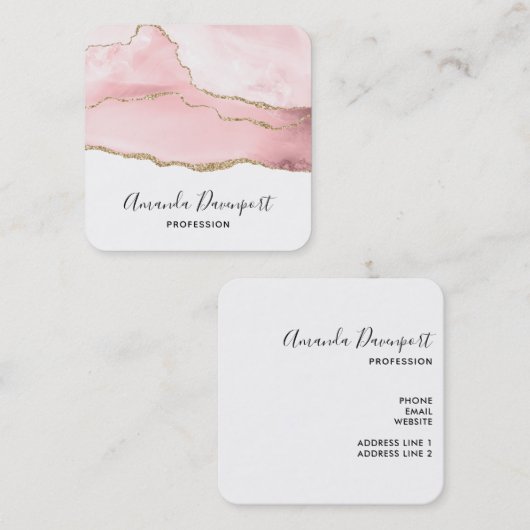 Roze Blush Agate met Gold Ribbon Elegant Vierkante Visitekaartje (Voorkant / Achterkant)