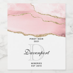 Roze Blush Agate met Gold Ribbon Elegant Wijn Etiket