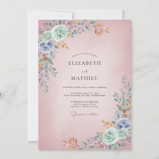 Roze Blush Aqua Ranunculus Eucalyptus Bruiloft Kaart (Voorkant)