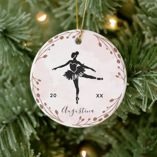 Roze Blush Ballerina Silhouette Name & Year Cute Keramisch Ornament (Boom)