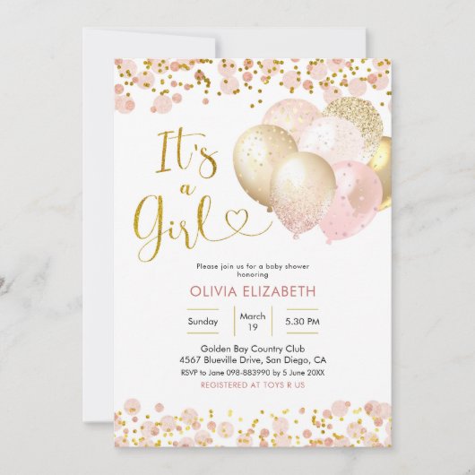 Roze Blush ballon Het is een meisje Baby shower Kaart (Voorkant)