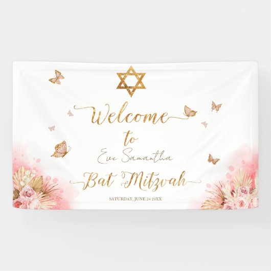 Roze Blush Bat Mitzvah welkomstgebanners Spandoek (Horizontaal)