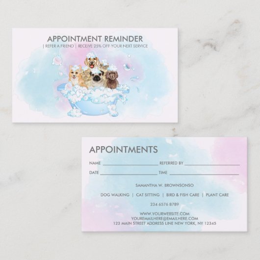Roze Blush Blauwe Honden Katten Spa Groomer Afspra Visitekaartje (Voorkant / Achterkant)
