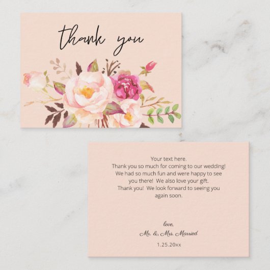 Roze Blush Bloeiende Bloemen - Roze Klein Dank u Notitiekaartje (Voorkant / Achterkant)
