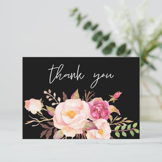Roze Blush Bloeiende Bloemen - Zwart / Wit Bedankkaart (Staand voorkant)