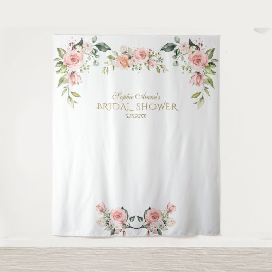 Roze Blush Bloem Bruiloftsshower Fotorekwisiet Wandkleed (Voorkant)