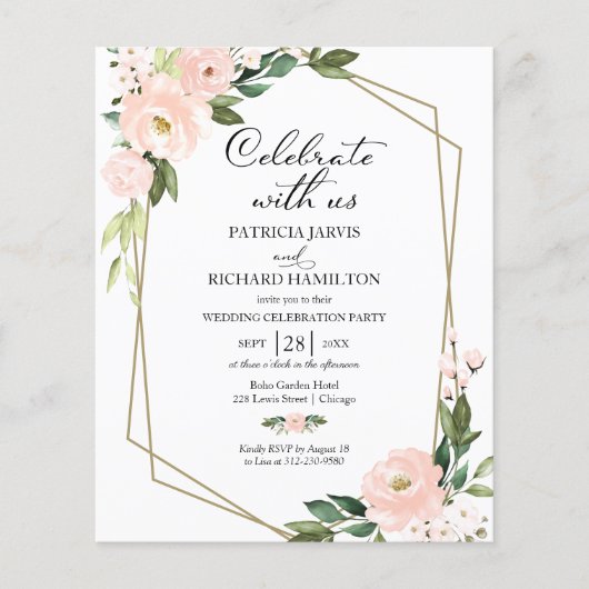 Roze Blush Bloem Budget Bruiloft Uitnodiging Infor (Voorkant)