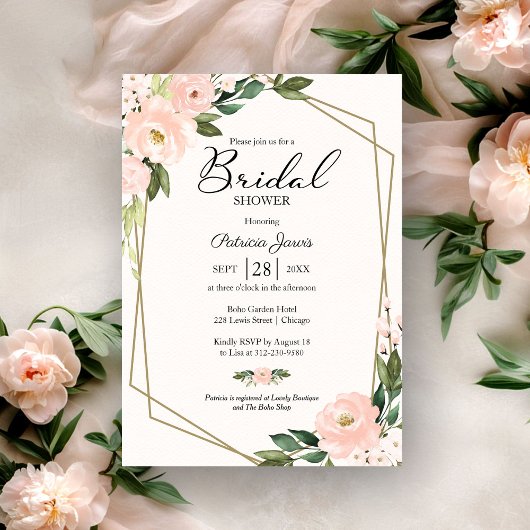 Roze Blush Bloem Goud Geometrisch Bruidsdiner Kaart
