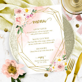 Roze Blush Bloem Gouden Bruiloftsmenu Kaart