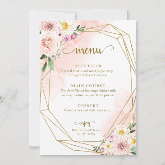 Roze Blush Bloem Gouden Bruiloftsmenu Kaart (Voorkant)