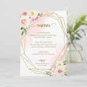 Roze Blush Bloem Gouden Bruiloftsmenu Kaart (Staand voorkant)