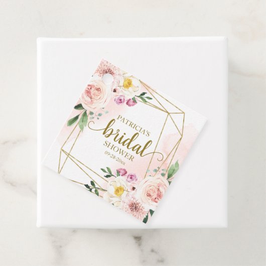 Roze Blush Bloem Gouden Geometrische Bruidsdouche Bedankjes Labels (In situ)
