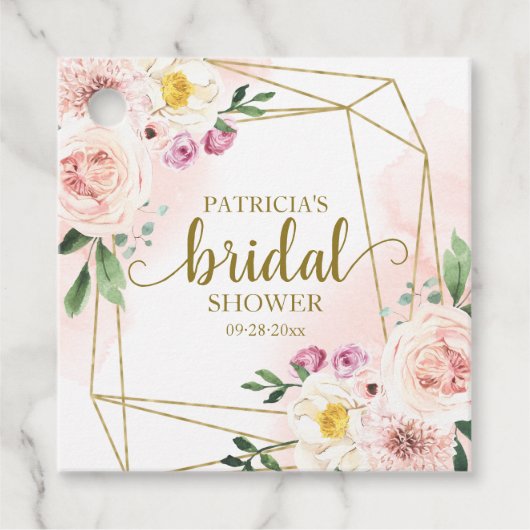 Roze Blush Bloem Gouden Geometrische Bruidsdouche Bedankjes Labels (Voorkant)