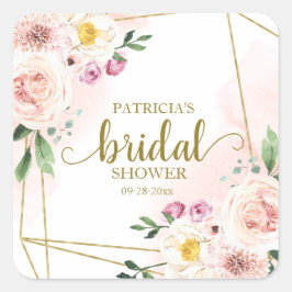 Roze Blush Bloem Gouden Geometrische Bruiloftsdouc Vierkante Sticker