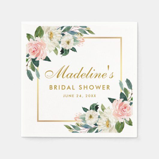 Roze Blush Bloem Gouden Lijst Bruiloft Servet (Voorkant)