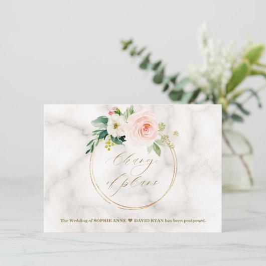 Roze Blush Bloem Gouden Trouw Verandering Van Plan Save The Date (Staand voorkant)