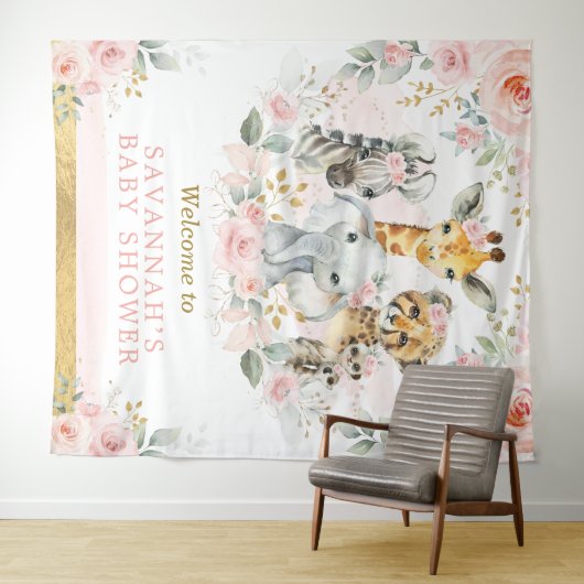 Roze Blush Bloem Jungle Dier Baby Meisje Welkom Wandkleed (In Situ (horizontaal))