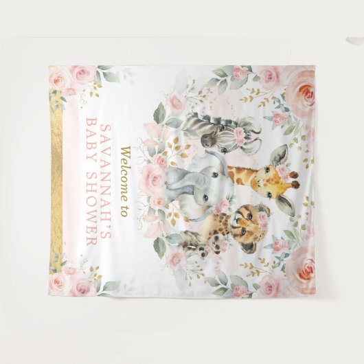 Roze Blush Bloem Jungle Dier Baby Meisje Welkom Wandkleed (Voorkant (horizontaal))