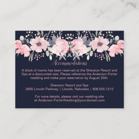 Roze Blush Bloem - Navy | Informatiekaartje (Voorkant)