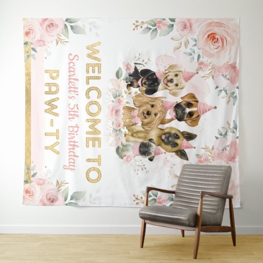 Roze Blush Bloem Puppies Baby Meisje Welkom Wandkleed (In Situ (horizontaal))
