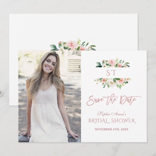 Roze Blush Bloem Roze Goud Foto Bruidsdouche Save The Date (Voorkant / Achterkant)