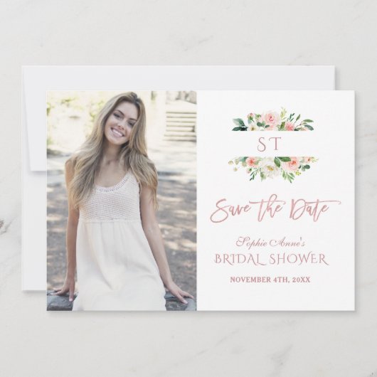 Roze Blush Bloem Roze Goud Foto Bruiloft Feest Save The Date (Voorkant)