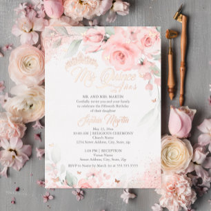 Roze Blush Bloem Roze Goud Mis Quince Quinceanera Folie Uitnodiging