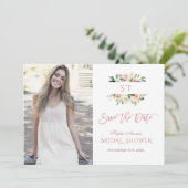 Roze Blush Bloem Roze Gouden Bruidsdouche Foto Save The Date (Staand voorkant)