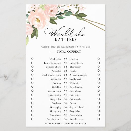 Roze Blush Bloem "Zou Zij Liever" Spel Flyer (Voorkant)