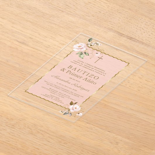 Roze Blush Bloemachtig Spaans 1e Verjaardag Doopfe Acryl Uitnodigingen (Laagn)