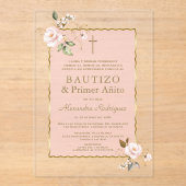 Roze Blush Bloemachtig Spaans 1e Verjaardag Doopfe Acryl Uitnodigingen (Voorkant)