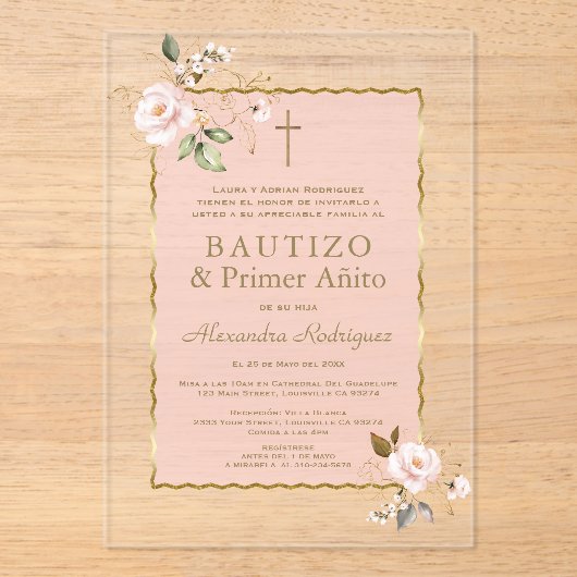 Roze Blush Bloemachtig Spaans 1e Verjaardag Doopfe Acryl Uitnodigingen (Voorkant)