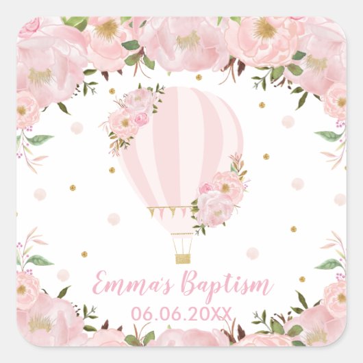 Roze Blush Bloemachtige Heet Luchtballon Doop Favo Vierkante Sticker (Voorkant)