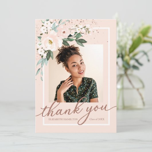 Roze Blush Bloemen Afstuderen Foto Dank u Bedankkaart (Staand voorkant)