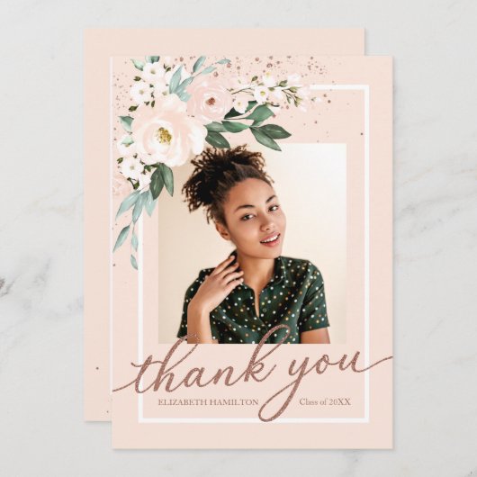 Roze Blush Bloemen Afstuderen Foto Dank u Bedankkaart (Voorkant / Achterkant)