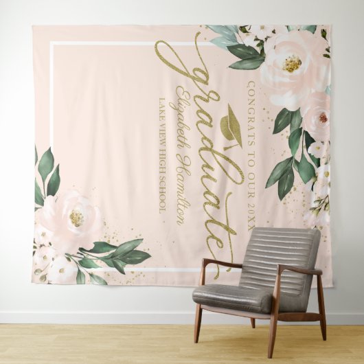 Roze Blush Bloemen Afstuderen Party Foto Achtergro Wandkleed (In Situ (horizontaal))