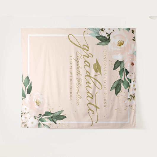 Roze Blush Bloemen Afstuderen Party Foto Achtergro Wandkleed (Voorkant (horizontaal))