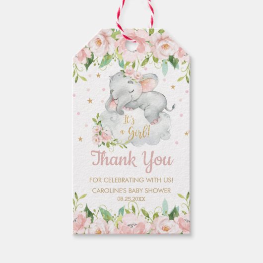 Roze Blush Bloemen Baby Olifant Dank u Favor Cadeaulabel (Voorkant)