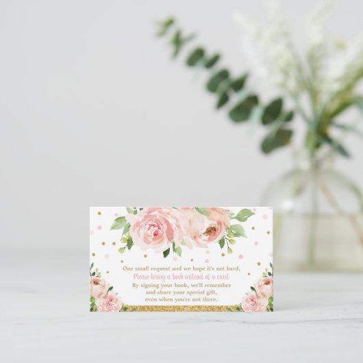 Roze Blush Bloemen Baby shower Meisje Bring a Book Informatiekaartje (Staand voorkant)