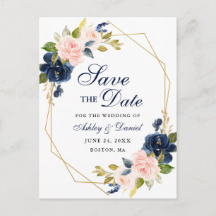 Roze Blush Bloemen Blauw Save the Date Aankondigingskaart