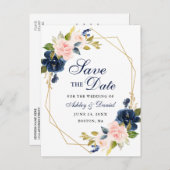 Roze Blush Bloemen Blauw Save the Date Aankondigingskaart (Voorkant / Achterkant)