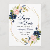 Roze Blush Bloemen Blauw Save the Date Aankondigingskaart (Voorkant)