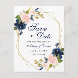 Roze Blush Bloemen Blauw Save the Date Aankondigingskaart