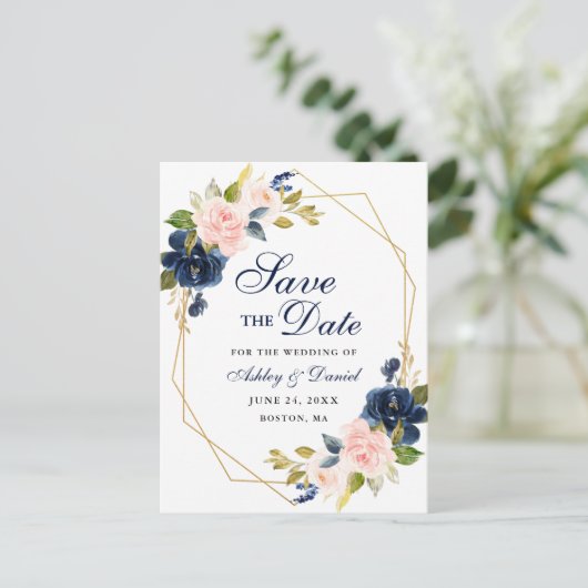 Roze Blush Bloemen Blauw Save the Date Aankondigingskaart (Staand voorkant)