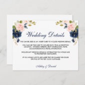 Roze Blush Bloemen Blauw Trouwdetails Kaart (Voorkant / Achterkant)