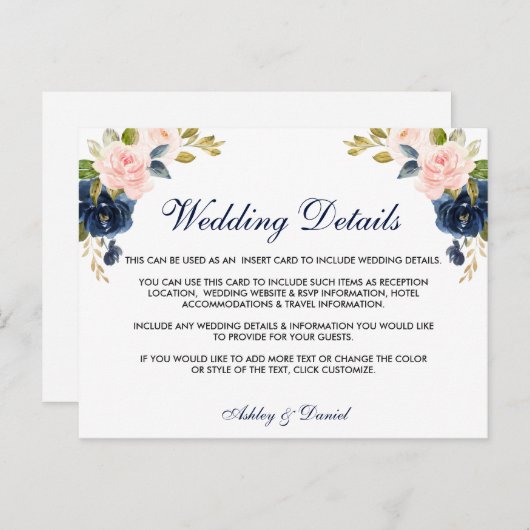 Roze Blush Bloemen Blauw Trouwdetails Kaart (Voorkant / Achterkant)