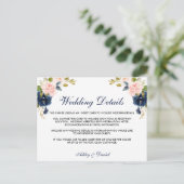 Roze Blush Bloemen Blauw Trouwdetails Kaart (Staand voorkant)