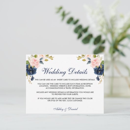 Roze Blush Bloemen Blauw Trouwdetails Kaart (Staand voorkant)