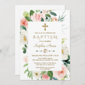 Roze Blush Bloemen Bloeien Gouden Kruis Doop Kaart (Voorkant / Achterkant)