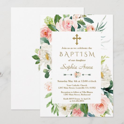 Roze Blush Bloemen Bloeien Gouden Kruis Doop Kaart (Voorkant / Achterkant)